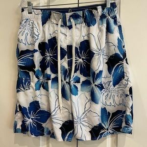 Men’s size large swim shorts blue floral pattern.